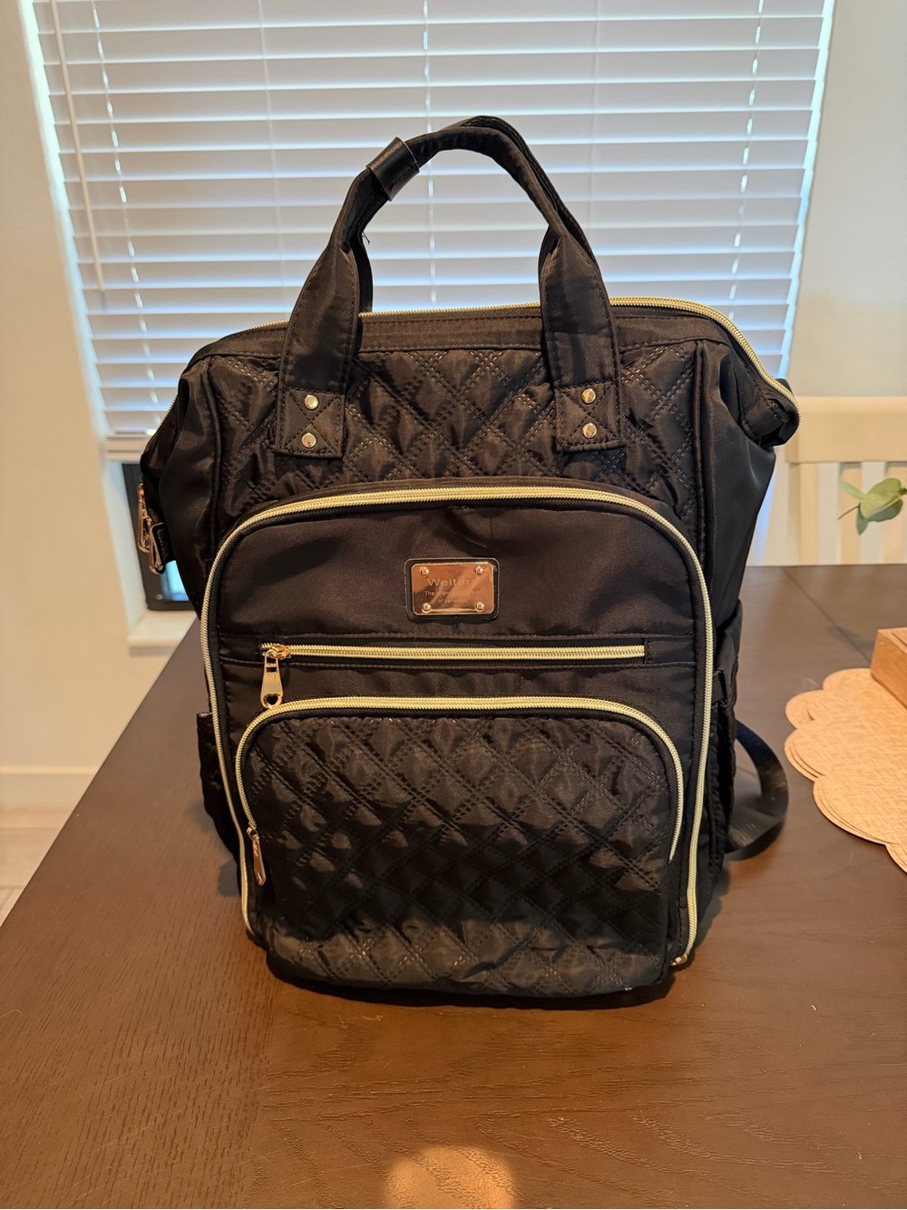Quilted Black Women's Backpack Tote with Gold Trim